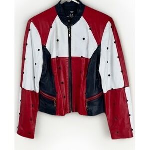 Mimmo Motta Womens M Vintage Italian Leather Biker Jacket Red White Blue Italy